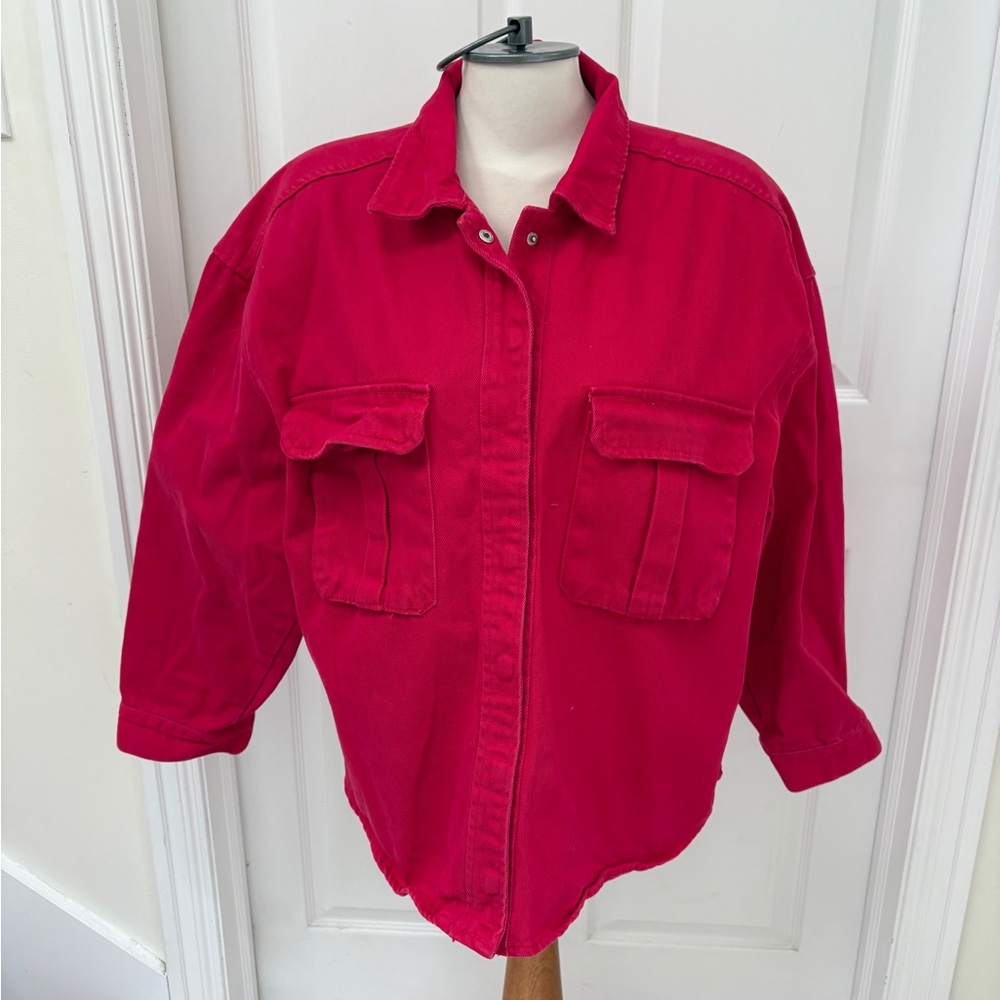 if it were me Utility Jacket Fuchsia Snap Front Oversized Denim Jacket